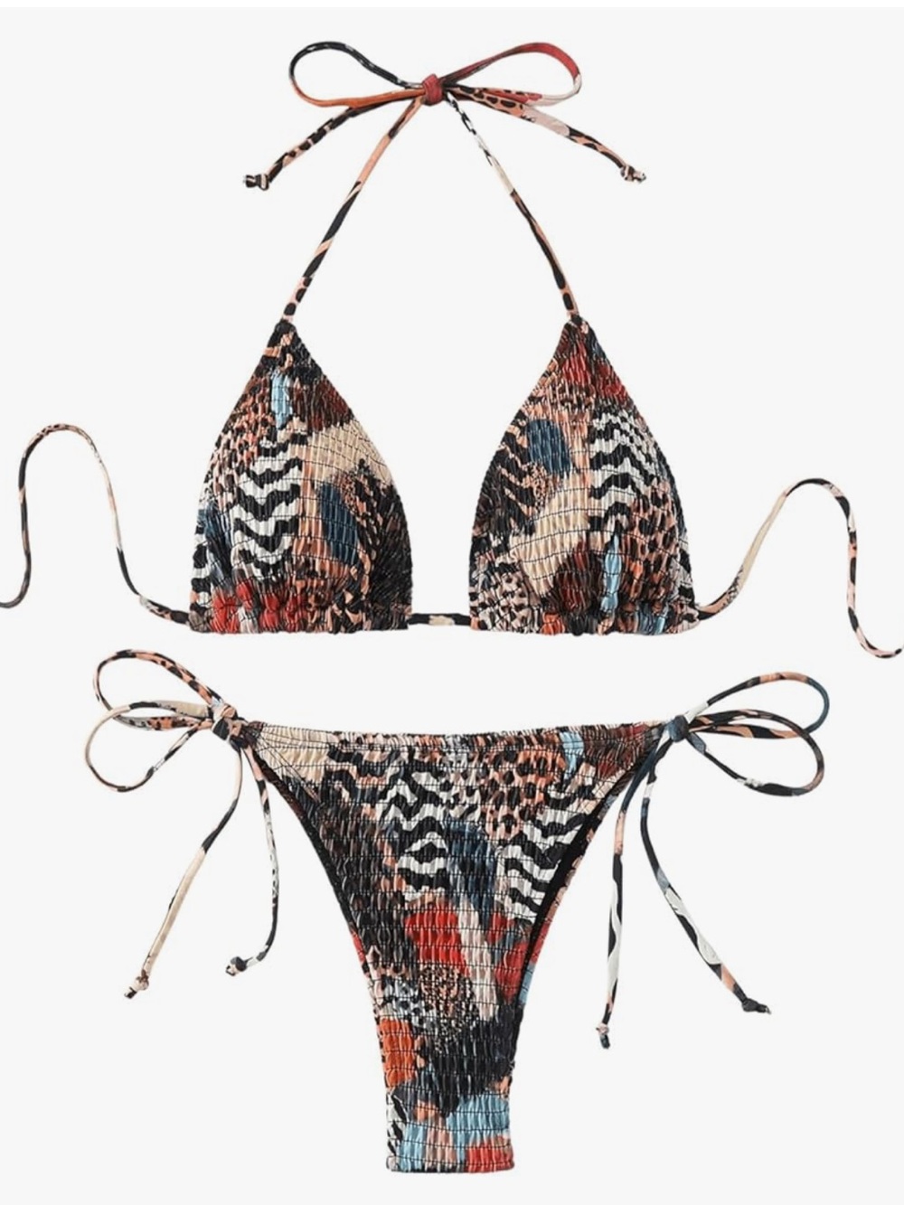 Smocked Triangle Tie-Side Bikini Set - Multi Color